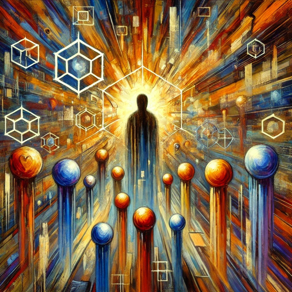 An abstract painting inspired by the theme of social media extremism and marginalization. The composition features bold, chaotic brushstrokes with clashing warm and cool colors representing emotional turbulence and digital distortion. Central shapes resemble fragmented human silhouettes, hinting at identity loss and microcelebrity illusion. Small, glowing orbs represent fake followers or digital attention, floating around a central figure in isolation. The background has layered textures suggesting confusion, with sharp geometric patterns symbolizing the artificiality and manipulation of online status. The mood is intense yet playful, evoking a sense of tension, craving, and detachment.