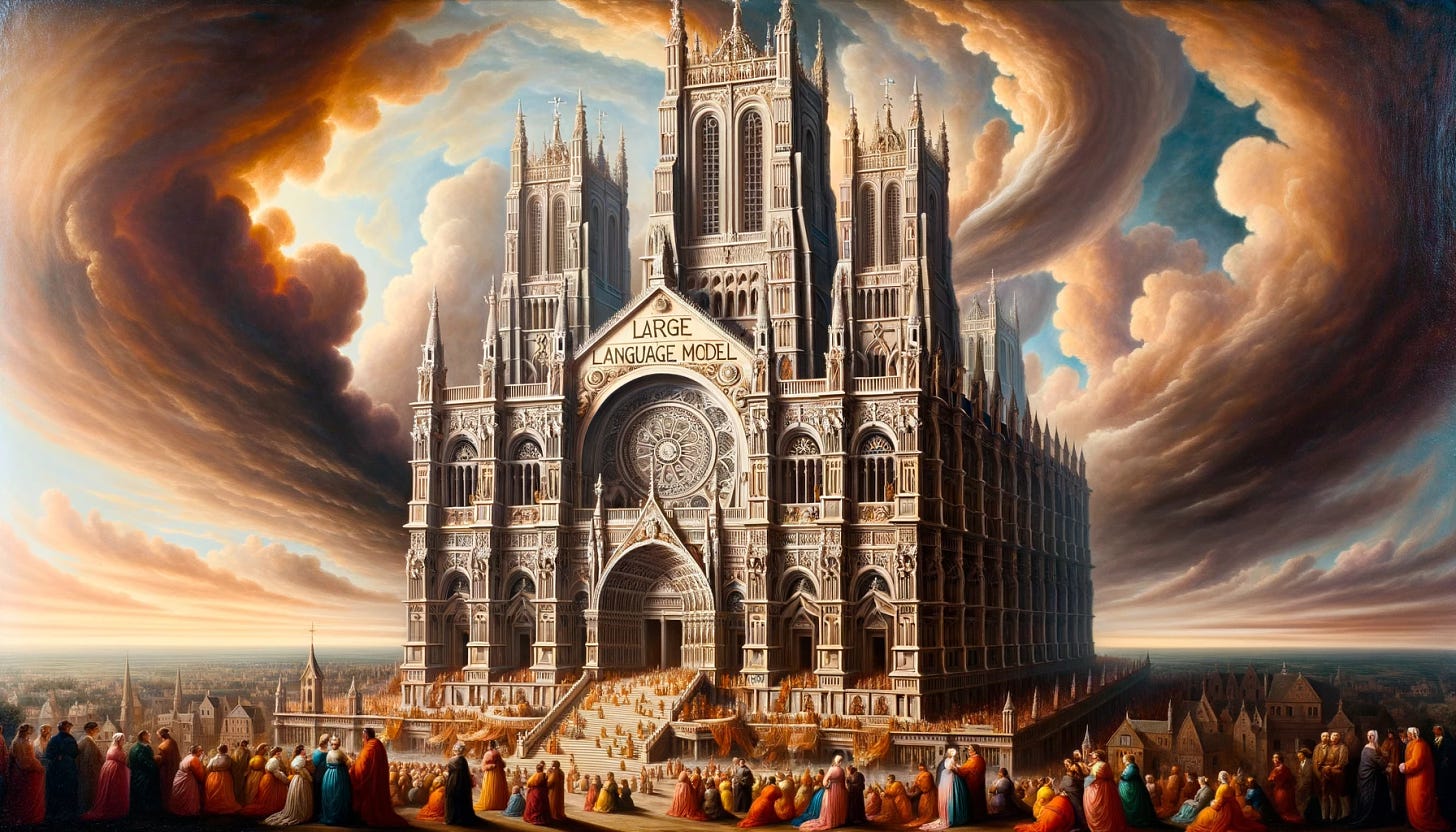 Oil painting in the style of 18th-century European art depicting a grand cathedral-like structure with tall spires and intricate designs. The central tower prominently displays the words 'LARGE LANGUAGE MODEL'. Devotees of various descent and genders gather in reverence, while the sky above is dramatic with swirling clouds.