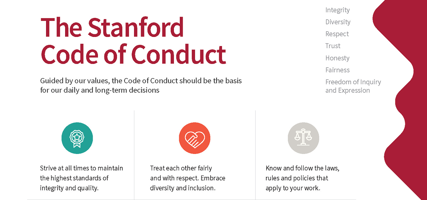 A screencapture of the Stanford Code of Conduct infographic. "Guided by our values, the Code of Conduct should be the basis for our daily and long-term decisions."
