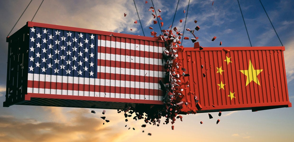 Illustration of two cargo containers, one painted like an American flag and one painted like a Chinese flag, crashing into eachother Illustration of two cargo containers, one painted like an American flag and one painted like a Chinese flag, crashing into eachother