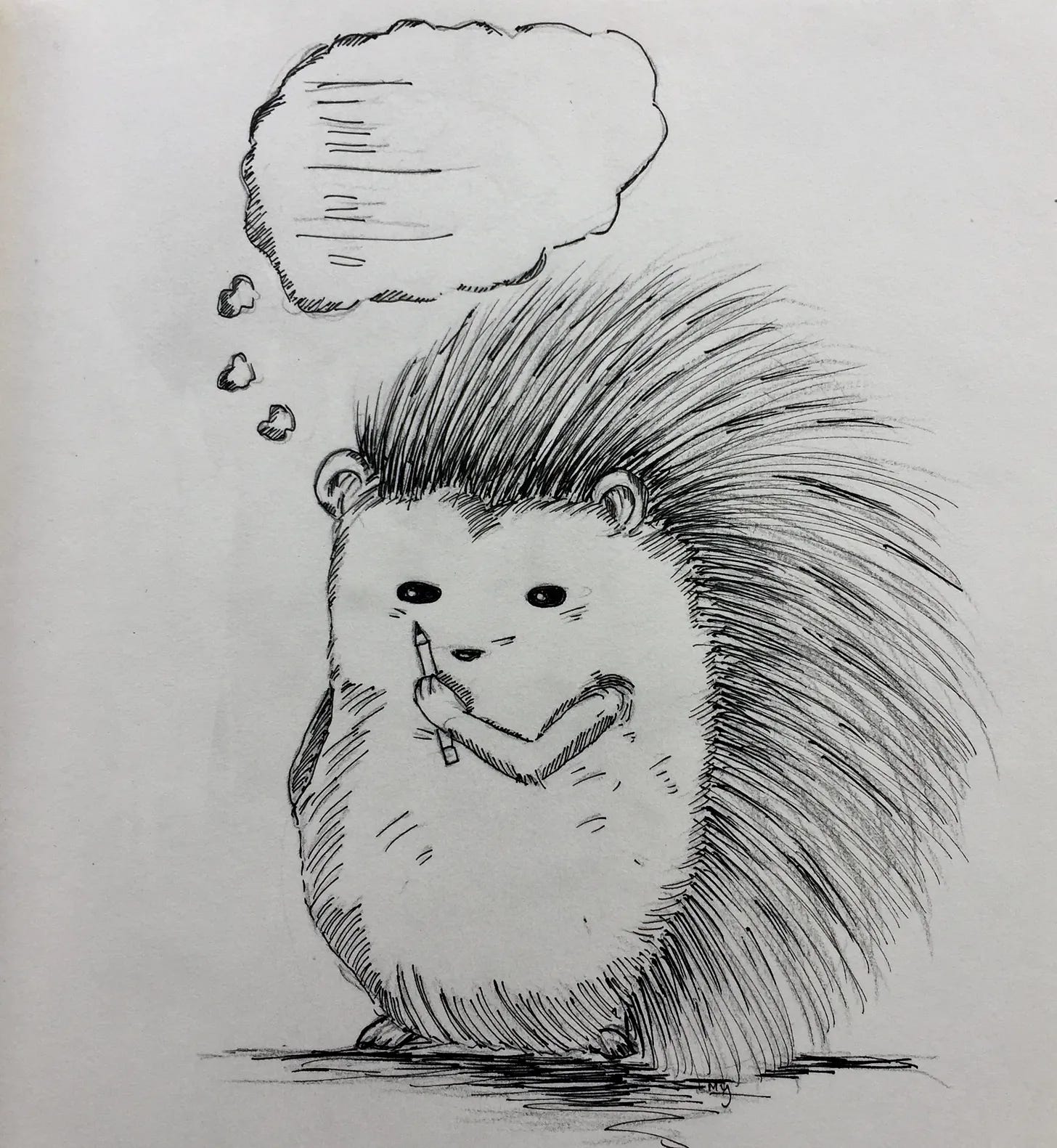 image: line illustration of a comic porcupine holding up a pencil in its fine, with a thought bubble above its head.