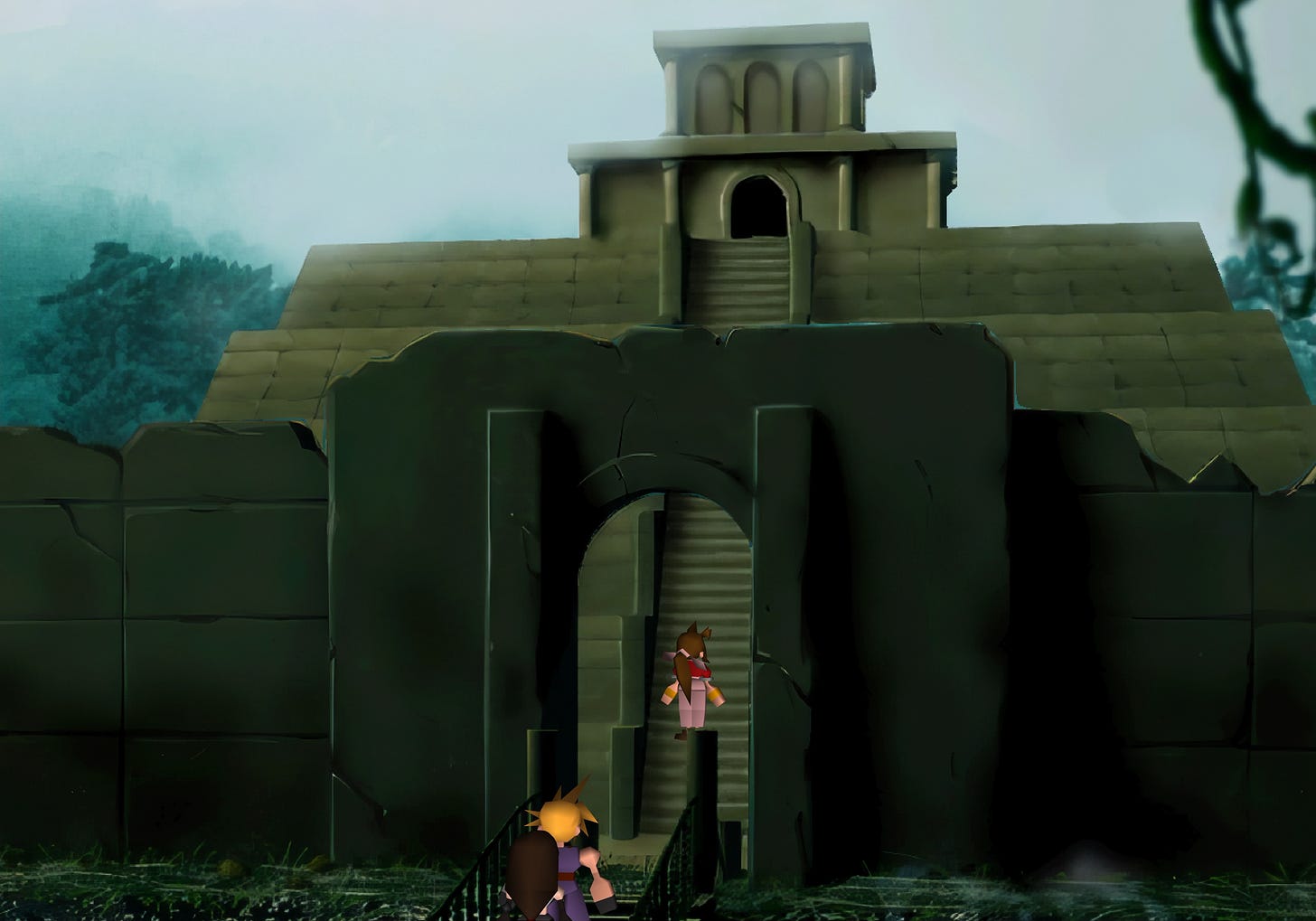 Aerith listens to the voices of the planet at the Temple of the Ancients.