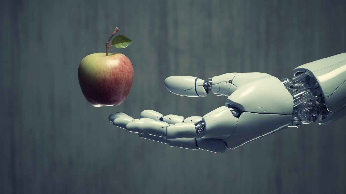 robot hand giving person an apple