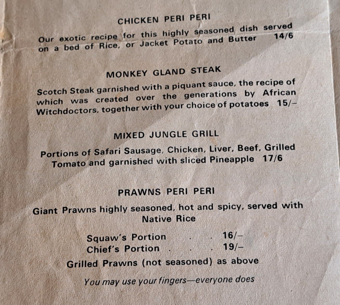 Safari Rooms menu, Earls Court, London 1960s