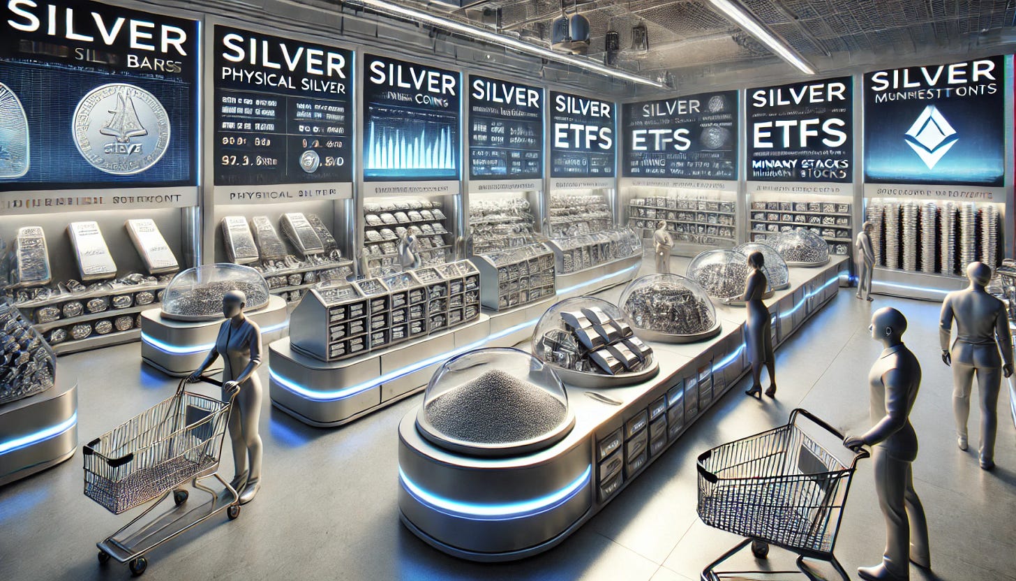 A futuristic supermarket where shoppers can buy silver in various formats. The aisles display different options for silver investment: one section has physical silver bars and coins in glass cases, another section has silver granules in small jars, and a third section offers silver ETFs and mining company stocks displayed on digital screens. Shoppers with carts are seen picking different silver investment options, while checkout counters allow purchases of silver-backed funds. The setting is bright, modern, and sleek, blending financial elements with a traditional supermarket layout.