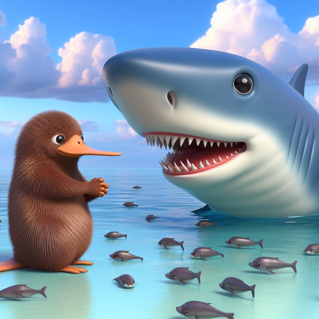 3d rederning platypus realistic being nice towards an annoying shark