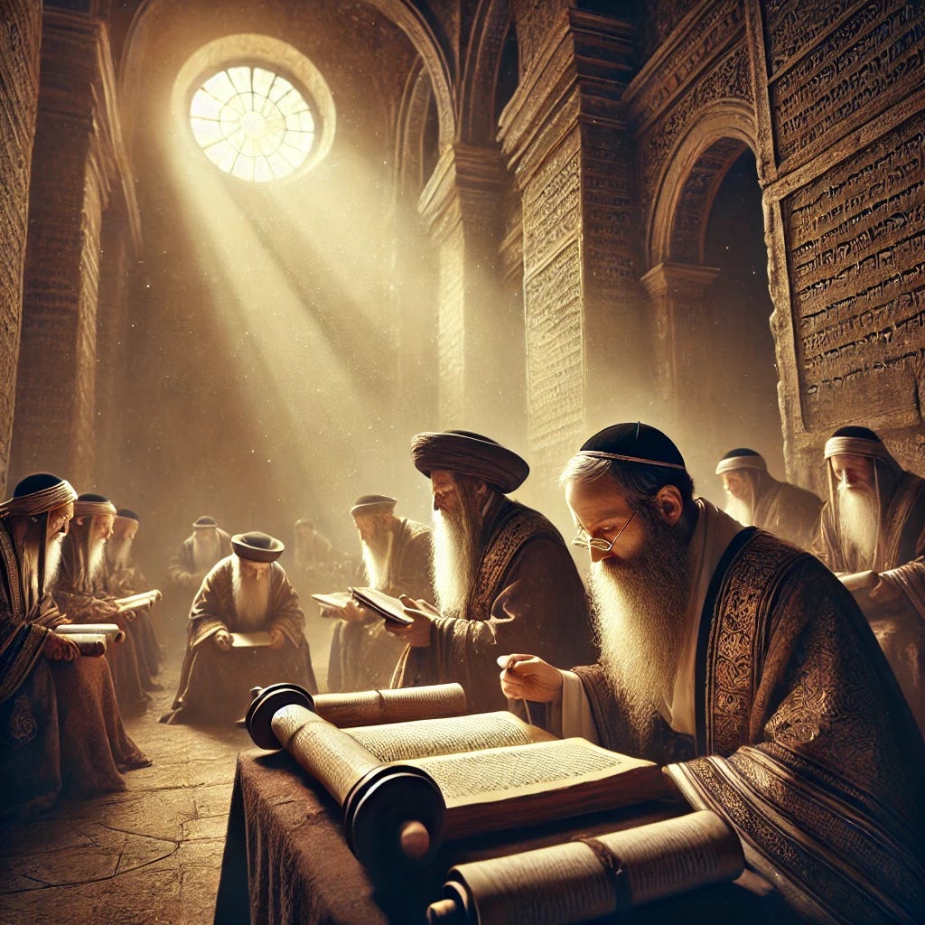 An ancient scene featuring rabbis deeply engrossed in study within a temple. The rabbis are wearing traditional robes, some with long beards and turbans, seated around scrolls and ancient books, with warm light illuminating their focused expressions. The temple setting is grand and sacred, with stone walls, intricate carvings, and arched windows that cast soft, natural light. The scene has a reverent and contemplative atmosphere, capturing the wisdom and spirituality of the time. Dust particles dance in the light, adding an ethereal touch.