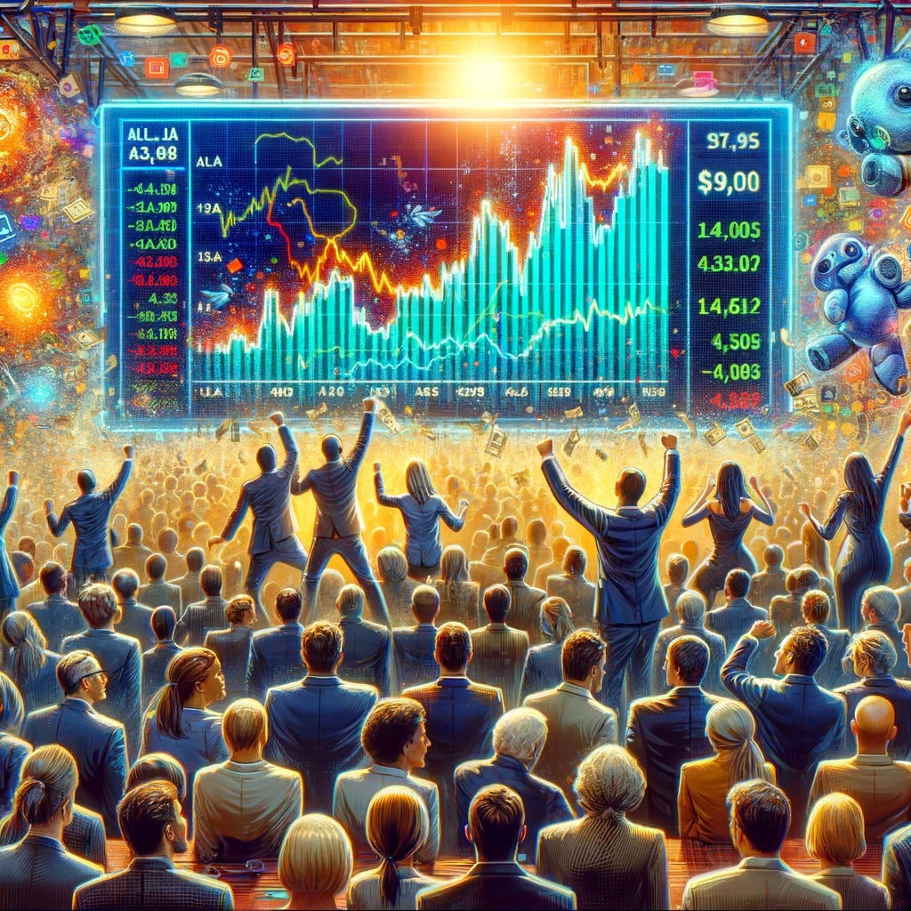 A lively and dynamic scene showing a crowd of diverse investors, filled with anticipation and excitement, gathered around a large digital display showing the stock price of a giant AI company. The display indicates an imminent surge in the stock price. The investors are depicted with expressions of eagerness and optimism, reflecting the buzz and excitement in the atmosphere about the potential financial windfall. The scene captures the energy and enthusiasm prevalent in the world of investing, especially regarding high-potential tech stocks.