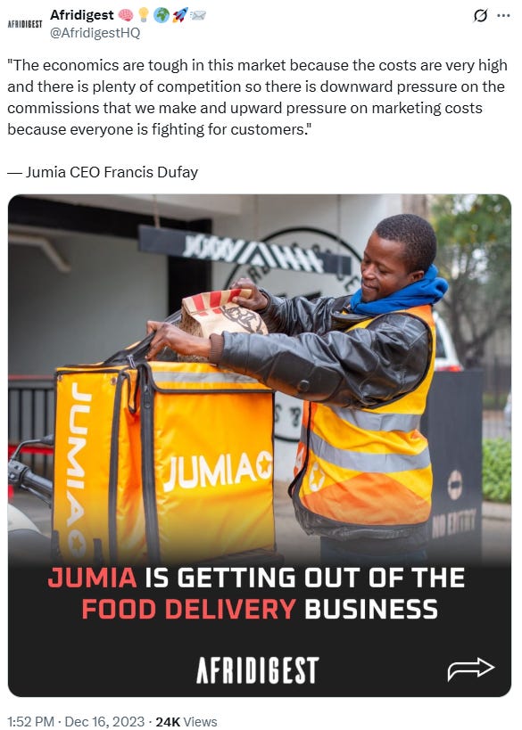 Chart showing Jumia Food's negative contribution margin per order