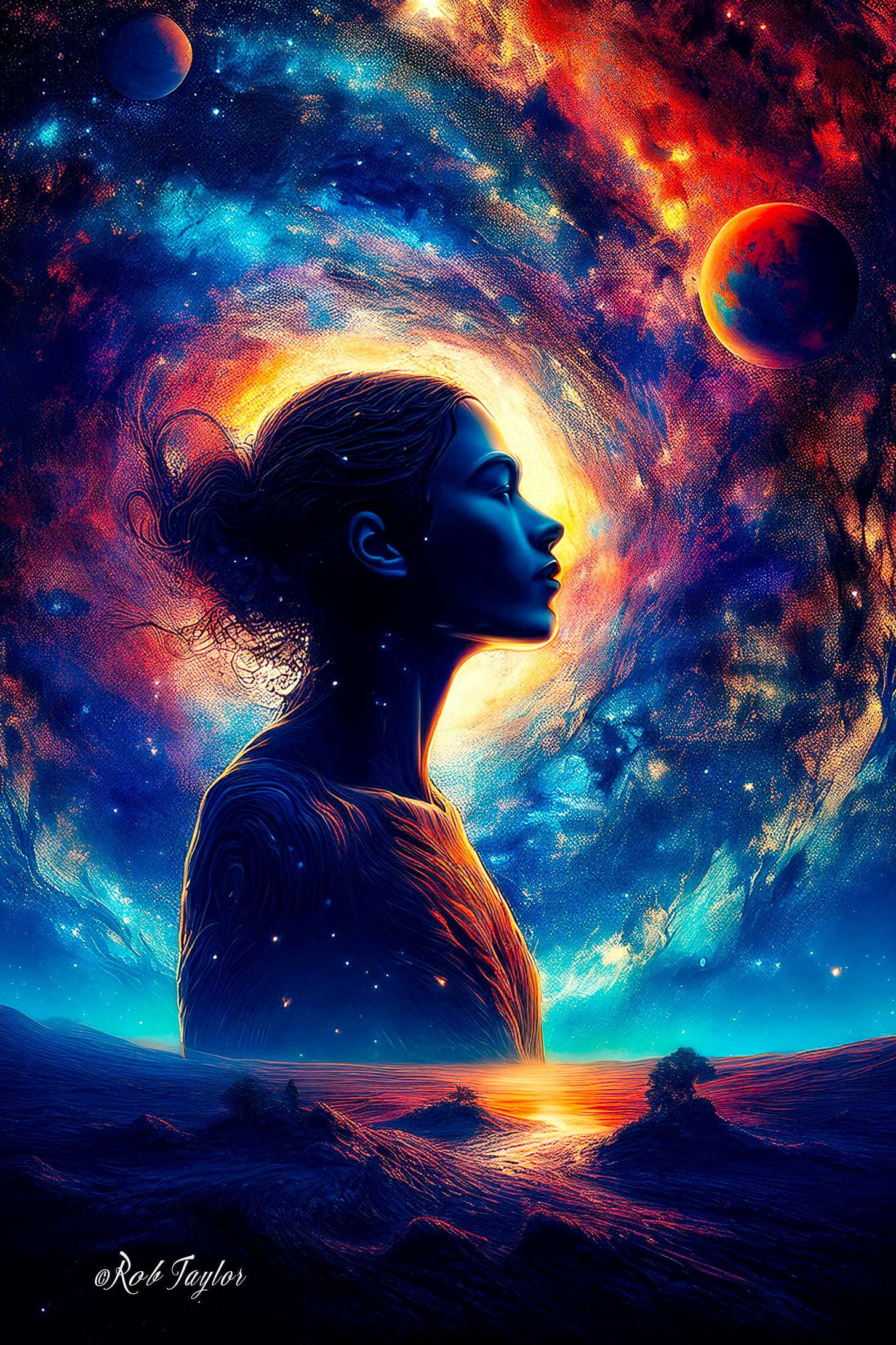 Digital illustration of a woman gazing upward, surrounded by swirling cosmic patterns of blue, orange, and gold. Two celestial orbs float in the background, symbolizing dual consciousness streams. Her silhouette blends into a luminous horizon, representing the integration of human and nature consciousness. The image evokes a sense of contemplation, interconnectedness, and expanded awareness.