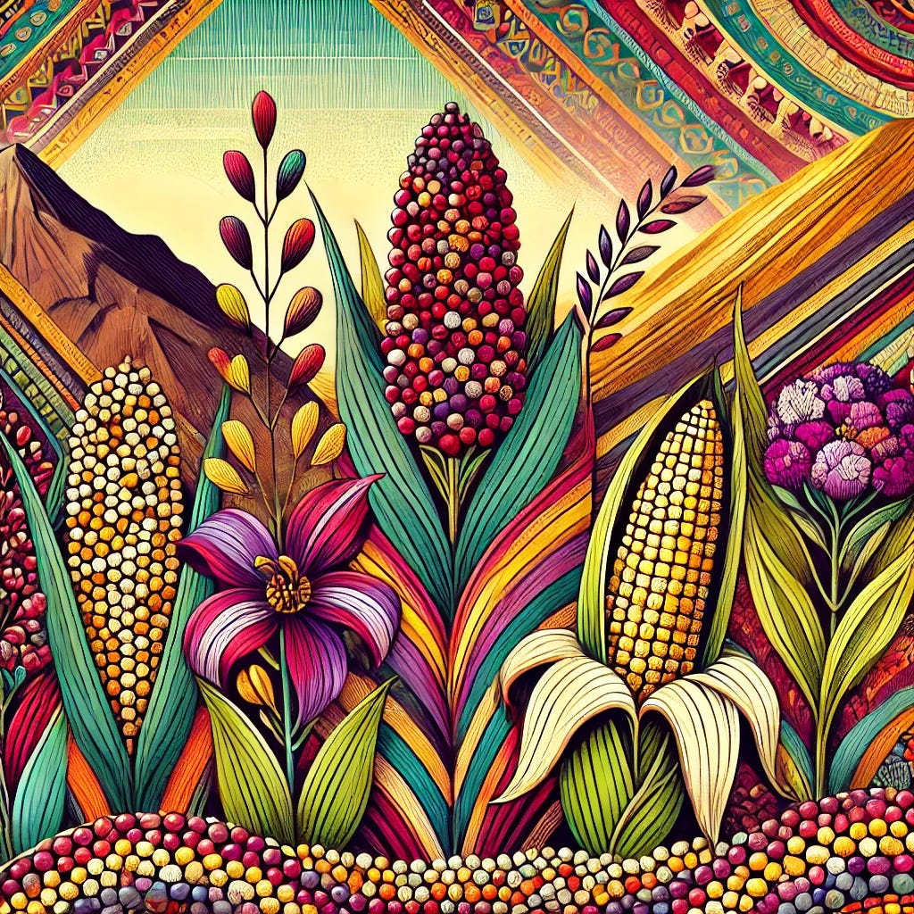 A vibrant Peruvian art-themed image showcasing grains like quinoa, amaranth, and corn. The scene includes artistic representations of these plants with colorful, intricate patterns inspired by traditional Peruvian textiles. The quinoa plants are tall with clusters of red, purple, and golden seeds, amaranth plants feature bright green leaves and vibrant magenta seed heads, and the corn stalks are painted with shades of yellow and blue kernels. 