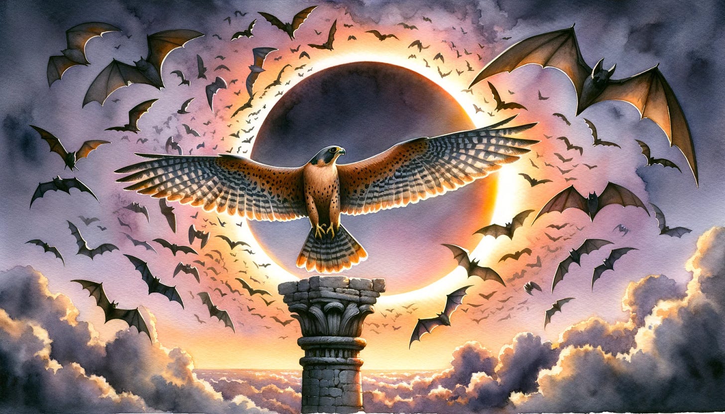 Watercolor painting of a dawn sky with a rare 'ring of fire' solar eclipse. An Aplomado Falcon, perched on an ancient stone pillar, stretches its wings wide, casting long shadows, while bats, confused by the unusual daylight darkness, swirl around in a mesmerizing dance.