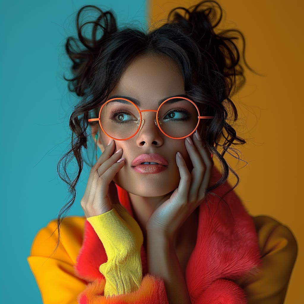 magine a woman being angry, frowning, looking at the camera, with one hand covering her mouth, wearing eye glasses and accessories with contrasting vivid colors.