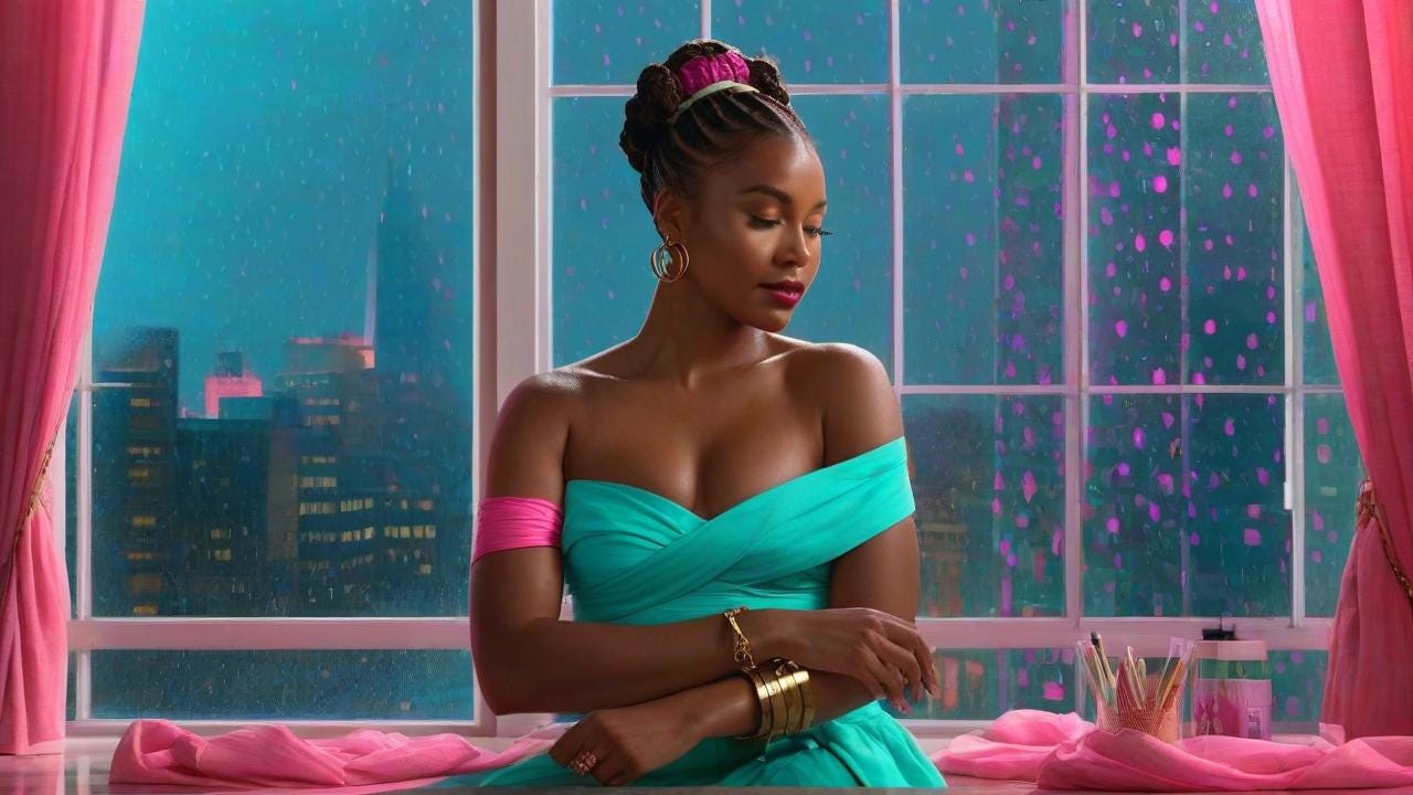 digital painting: Black woman in her 30s, dark-skin tone with faint freckled hands, Bantu knots coiled tightly. Hot-pink linen drapes her shoulders in crumpled folds; fingers clutch matte brass bangles. She sits writing a letter under geometric windowpanes filtering neon-pink city light. Semi-transparent teal runes blend with translucent raindrops near her palms. Hyperrealistic skin, impressionist light diffusion, chiaroscuro shadows, 8K detailed.