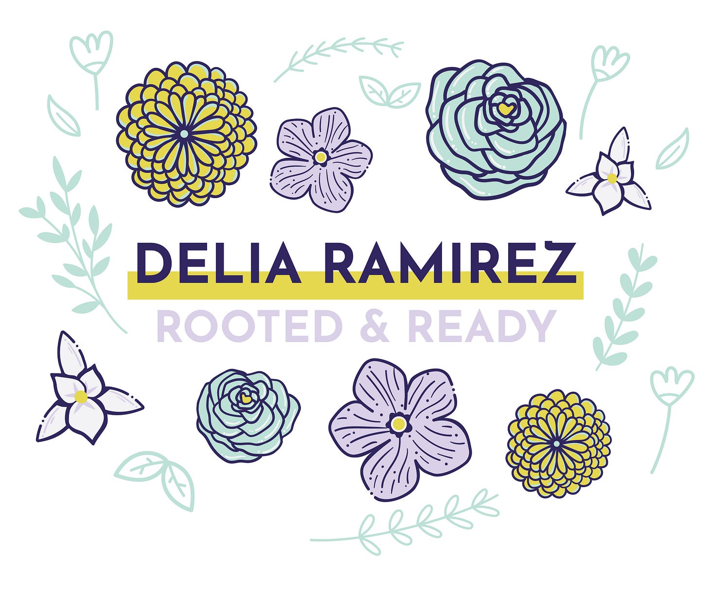 Congresswoman Delia Ramirez Apparel Design (Left) & Tote Design (Right) - featuring flowers representative of her roots accented with vines. The design is in her signature color pallet of mint green, lavender, pale yellow, and dark purple.