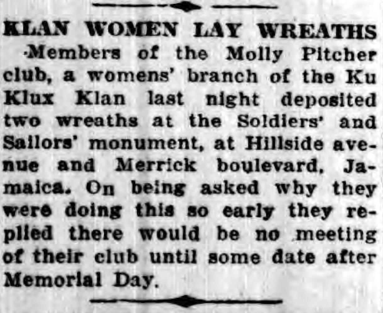 Image is a small newspaper clipping with headline "KLAN WOMEN LAY WREATHS" 