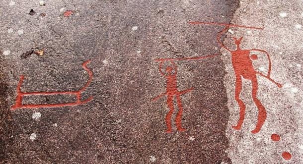 Bronze Age War: Image from Vitlycke, a bronze-age UNESCO world heritage site in Tanumshede, western Sweden, depicts fighting with weapons. War became much more common later in prehistory, including the late Neolithic and Bronze Age.