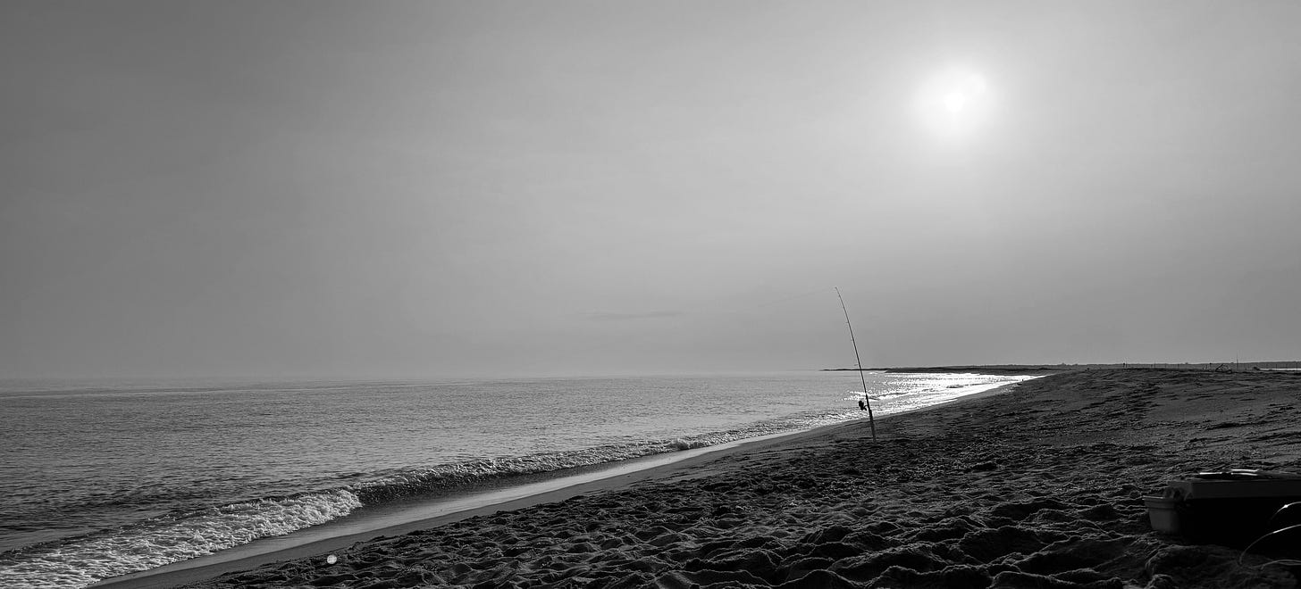 Fishing rod in rod-holder on empty beach with sun in the background