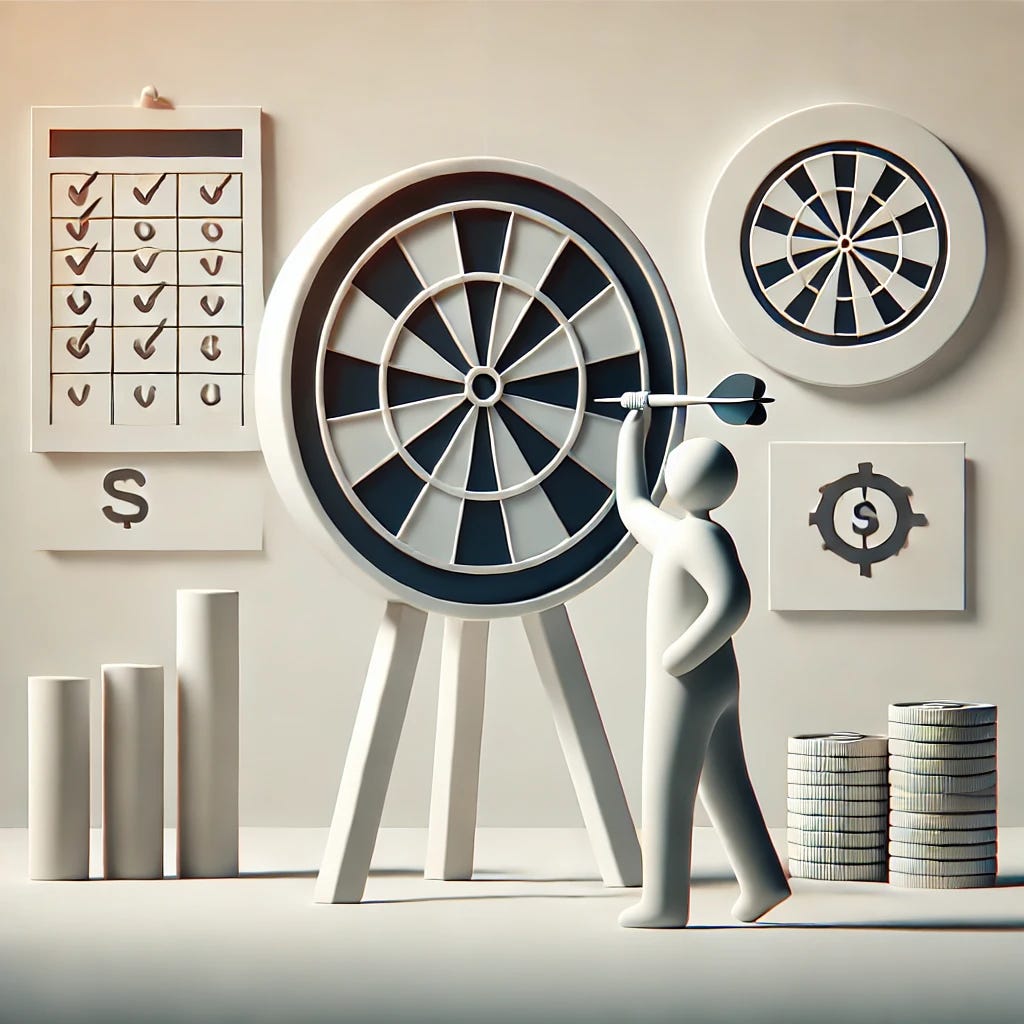 A minimalistic image depicting a person throwing darts at a dartboard, symbolizing the idea of setting financial goals, without any text or written communication. The dartboard represents different financial goals, and the person is focused on aiming carefully. The scene is clean and modern, with no text or written elements, focusing solely on the visual representation.