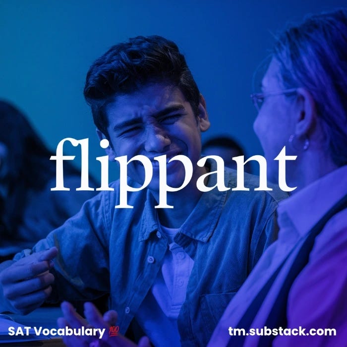 A teenager rolling their eyes and smirking while an adult is speaking seriously, captured in a classroom setting; used to illustrate the SAT vocabulary word FLIPPANT.