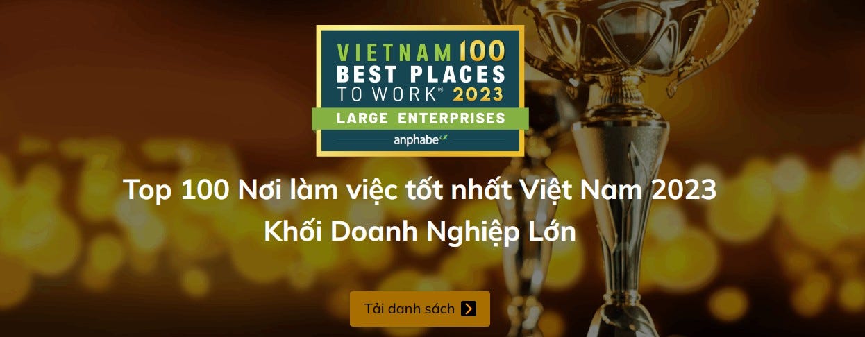 Có thể là hình ảnh về văn bản cho biết 'VIETNAM 100 BEST PLACES TO WORK 2023 LARGE ENTERPRISES anphabe Top 100 Nơi làm việc tốt nhất Việt Nam 2023 Khối Doanh Nghiệp Lớn Tải danh sách >'