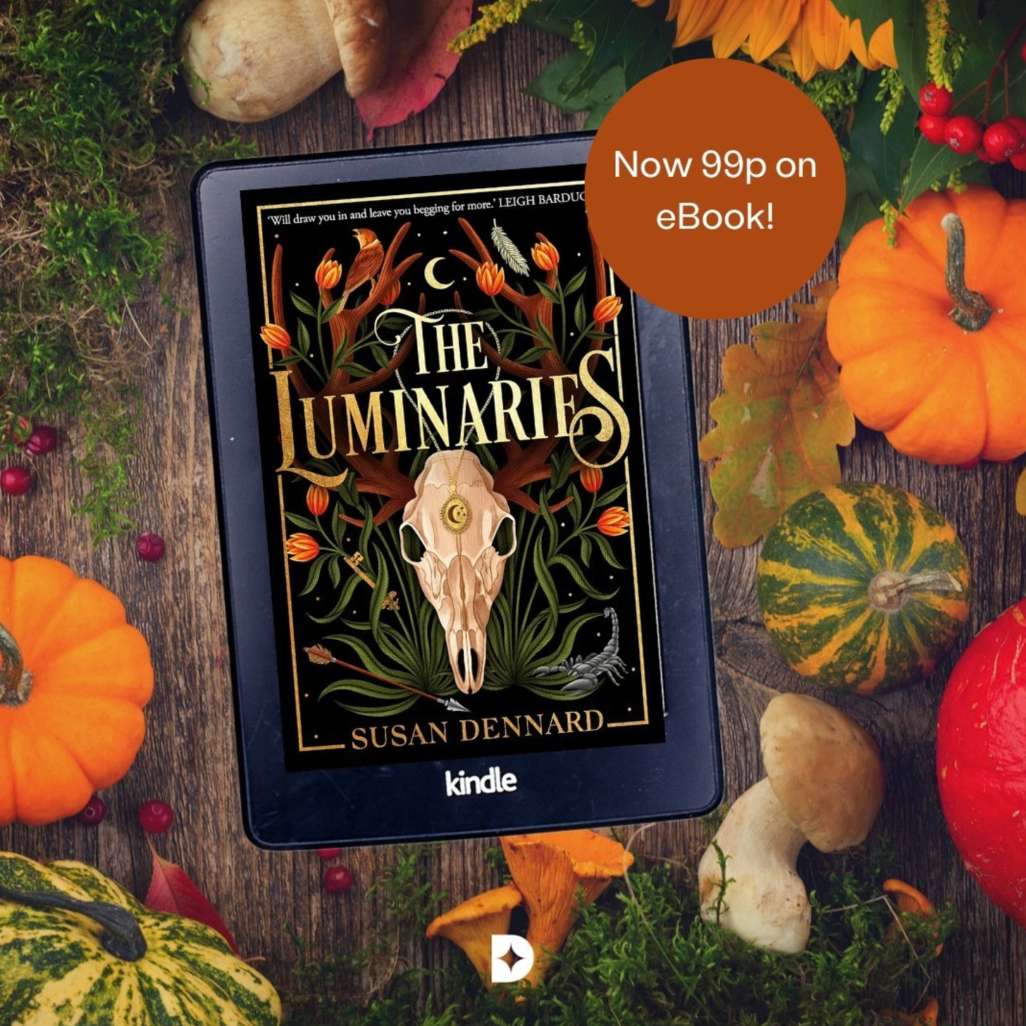 A photo of a kindle with The Luminaries cover on it and the words: Now 99p on ebook!