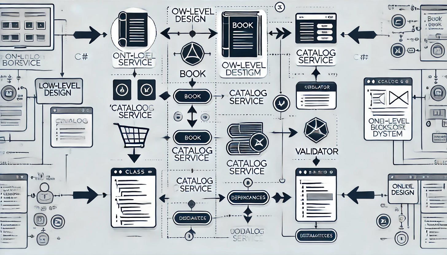A clean and visually appealing 16:9 image representing a low-level design (LLD) for an online bookstore system in C#. The image should depict class-level details with icons representing classes like 'Book', 'CatalogService', and 'Validator', and arrows showing relationships such as dependencies or interactions between these classes. Use modern design elements to make the relationships clear, avoiding text while focusing on a detailed representation of object interactions in the system.