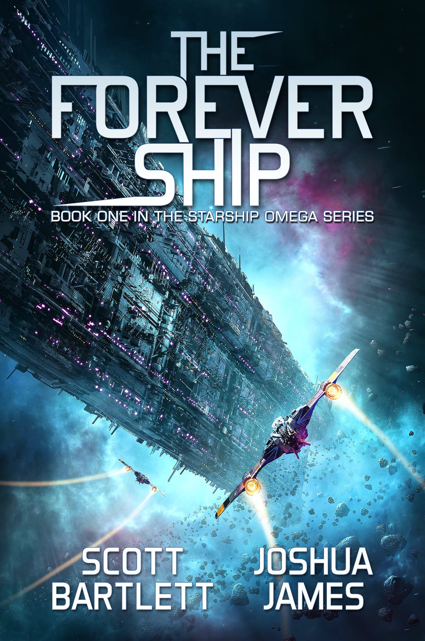 Ebook cover for The Forever Ship featuring giant ship and 2 star fighters