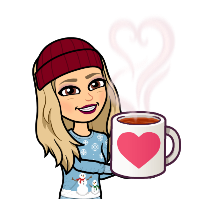 Bitmoji of the author in a winter hat and comfy snowflake sweater, holding out a huge, steaming mug of heart—I mean love.