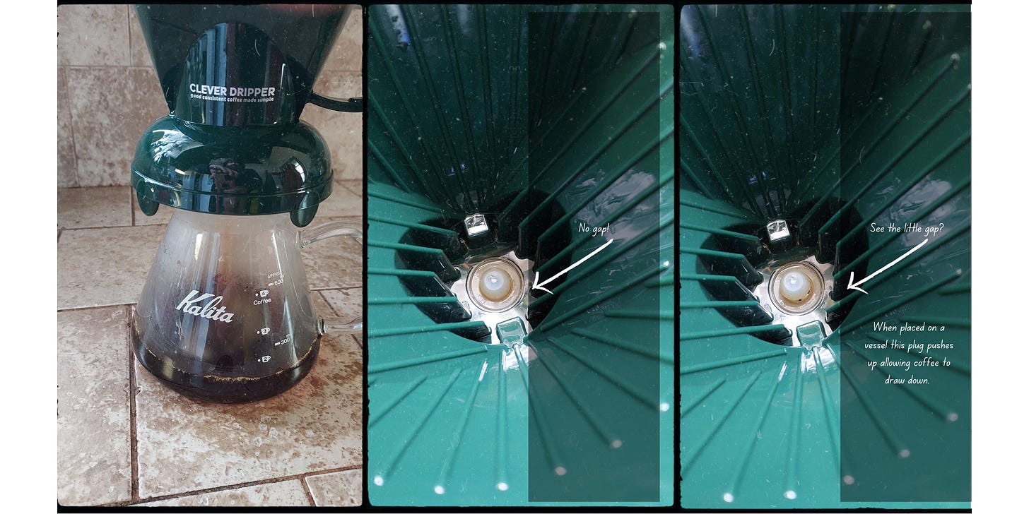A collage of close-ups of the Clever Dripper's plunger that allows liquid to drain through a small gap when pushed up.