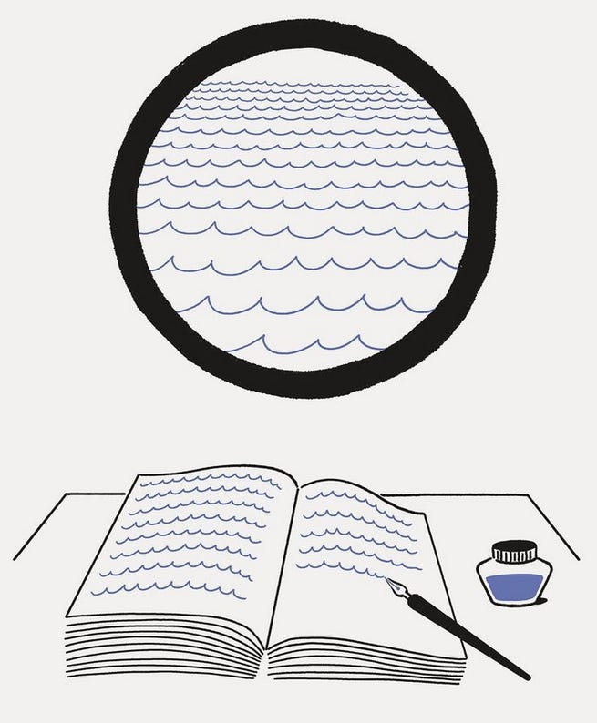 Um desenho apenas com preto, branco, e azul. Uma janela redonda tem linhas que que traçam a onda do mar, e uma mesa na frente da janela tem um caderno sendo preenchido por linhas similares às ondas (elas parecem um escrito distante, também). Ao lado do caderno, a tinta da caneta tinteiro.