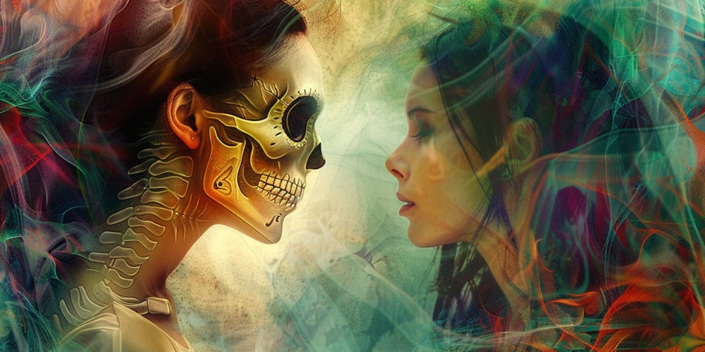A young woman is face-to-face with the female personification of Death, as though in hushed conversation. Multi-colored swirls of light weave throughout the image indicating that something metaphysical is transpiring.