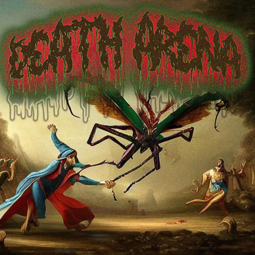 DEATH ARENA is written in a metal font above a wizard and a giant mutant mantis fighting to death.