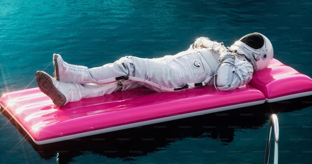 Image is a digital illustration of an astronaut laying on a pink floaty in a pool