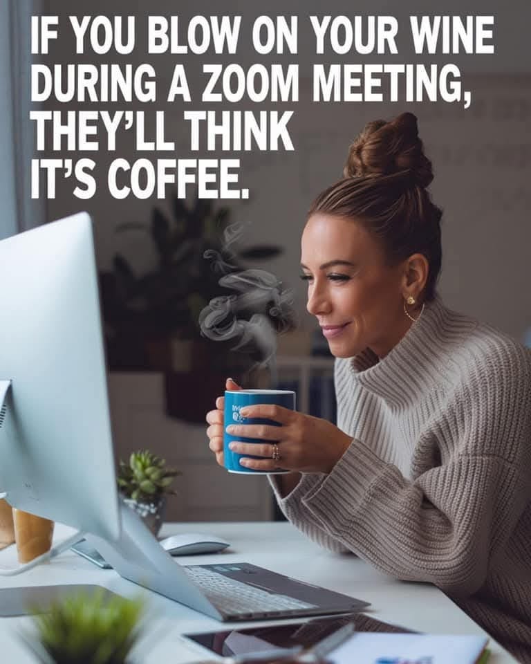 May be an image of 1 person, coffee cup and text that says 'IF YOU BLOW ON YOUR WINE DURING A ZOOM MEETING, THEY'LL THINK IT'S COFFEE. A0STO'