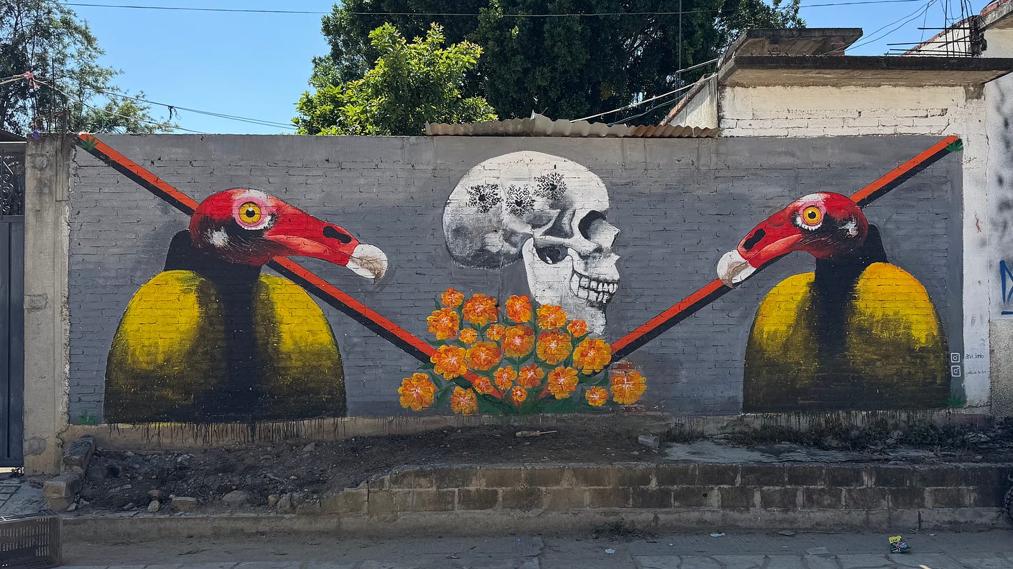 A mural with Día de Muertos motifs in the town of San Antonino Castillo Velasco.