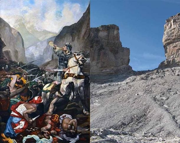 Left: Painting depicting La Brèche de Roland and Ronald blowing the horn at the Battle of Roncevaux. (Carl von Bibra / CC BY-SA 4.0) Right: Modern-day photo of La Brèche de Roland. (Jens Buurgaard Nielsen / CC BY-SA 3.0)