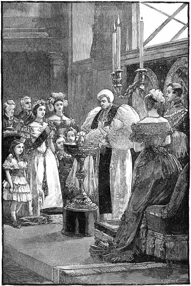 Engraving of a royal baby being christened.