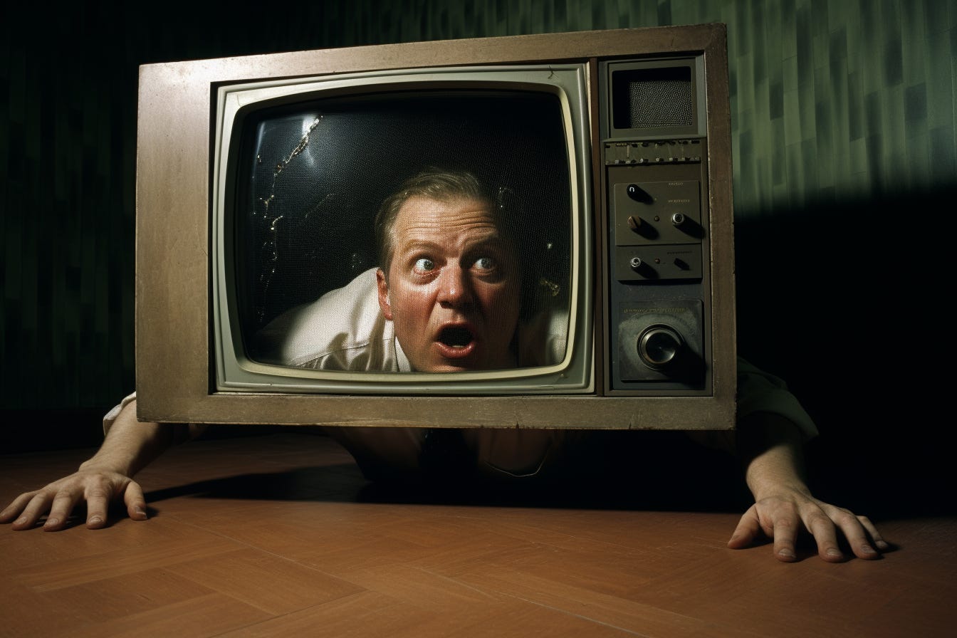 A man apparently wearing a hollowed-out TV on his head while crawling on the floor