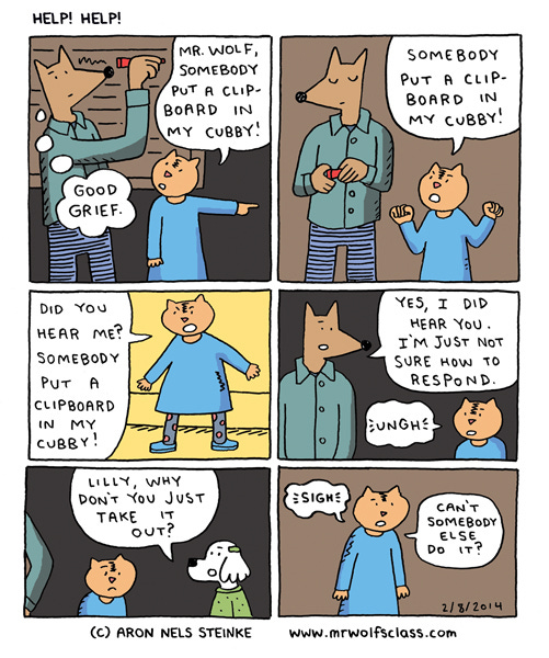 A cat student in a blue dress is telling Mr. Wolf that someone placed a clipboard in their cubby. Mr. Wolf tries to ignore the student. Lily the student just gets louder. A dog student suggests she remove it herself. Lily looks mad and says she wants someone else to do it.