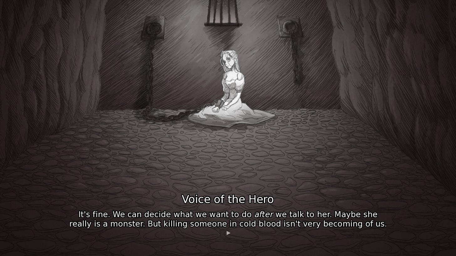A princess chained to the wall of a dungeon. A barred window shows the stars outside. The subtitles read: "Voice of the Hero: It's fine. We can decide what we want to do after we talk to her. Maybe she really is a monster. But killing someone in cold blood isn't very becoming of us.