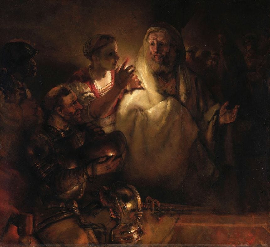 Rembrandt's 1660 depiction of Peter's Denial. Jesus, in the upper right hand corner, is at the high priest's house, his hands bound behind him, and turns to look at Peter.