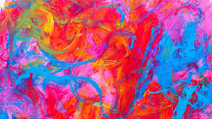 A messy and colorful abstract painting.