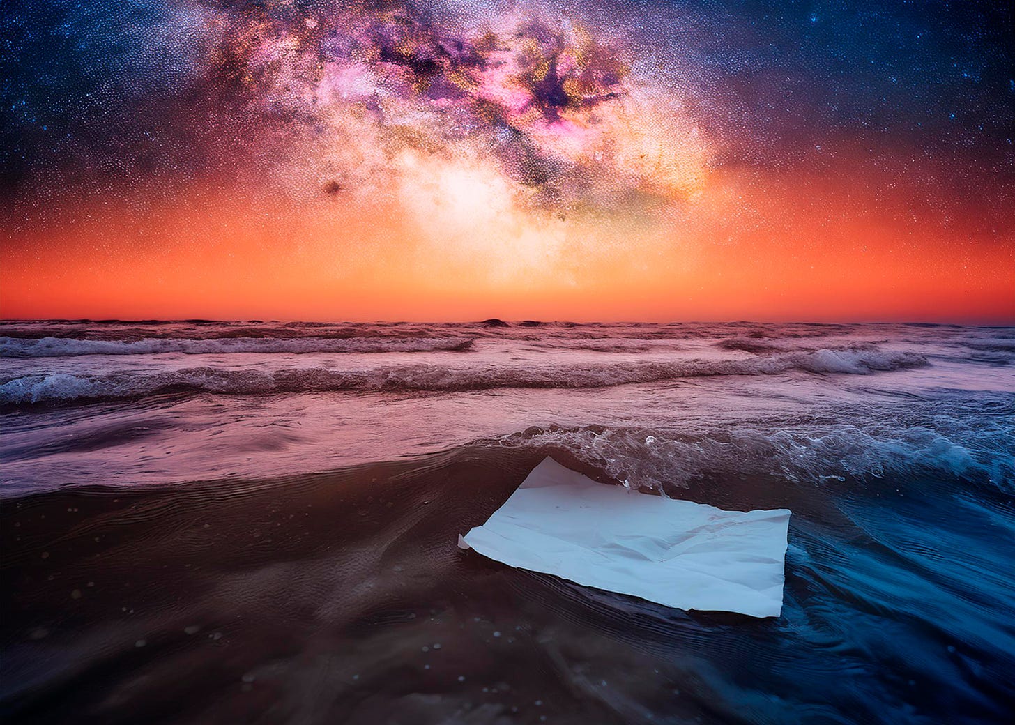 discarded piece of paper floating in the ocean with a surreal red sunset and celestial night sky above