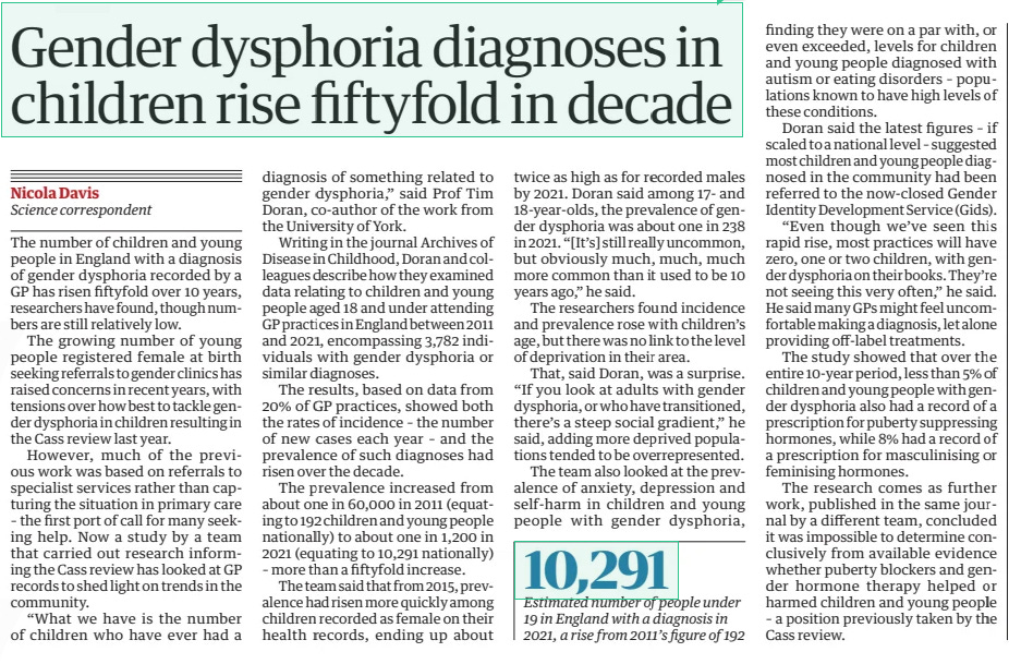 Gender dysphoria Child diagnoses rise fiftyfold in a decade The Guardian24 Jan 2025Nicola Davis Science correspondent The number of children and young people in England with a diagnosis of gender dysphoria recorded by a GP has risen fiftyfold over 10 years, researchers have found, though numbers are still relatively low.  The growing number of young people registered female at birth seeking referrals to gender clinics has raised concerns in recent years, with tensions over how best to tackle gender dysphoria in children resulting in the Cass review last year.