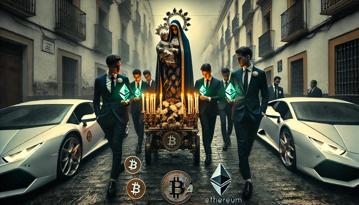 A somber, gloomy scene of a Holy Week procession in the streets of Seville, but with an unusual twist. Young men, dressed in sharp Wall Street-style suits and ties, are carrying an image of a Virgin Mary on their shoulders. The Virgin is draped in a mantle adorned with Bitcoin symbols, and the candles around her have green flames, where each flame is the logo of Ethereum. Parked along the sides of the narrow street are sleek Lamborghinis, adding a touch of luxury to the scene. The overall mood is dark and eerie, with a cryptic, otherworldly atmosphere.