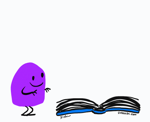 A purple character dives into a book.