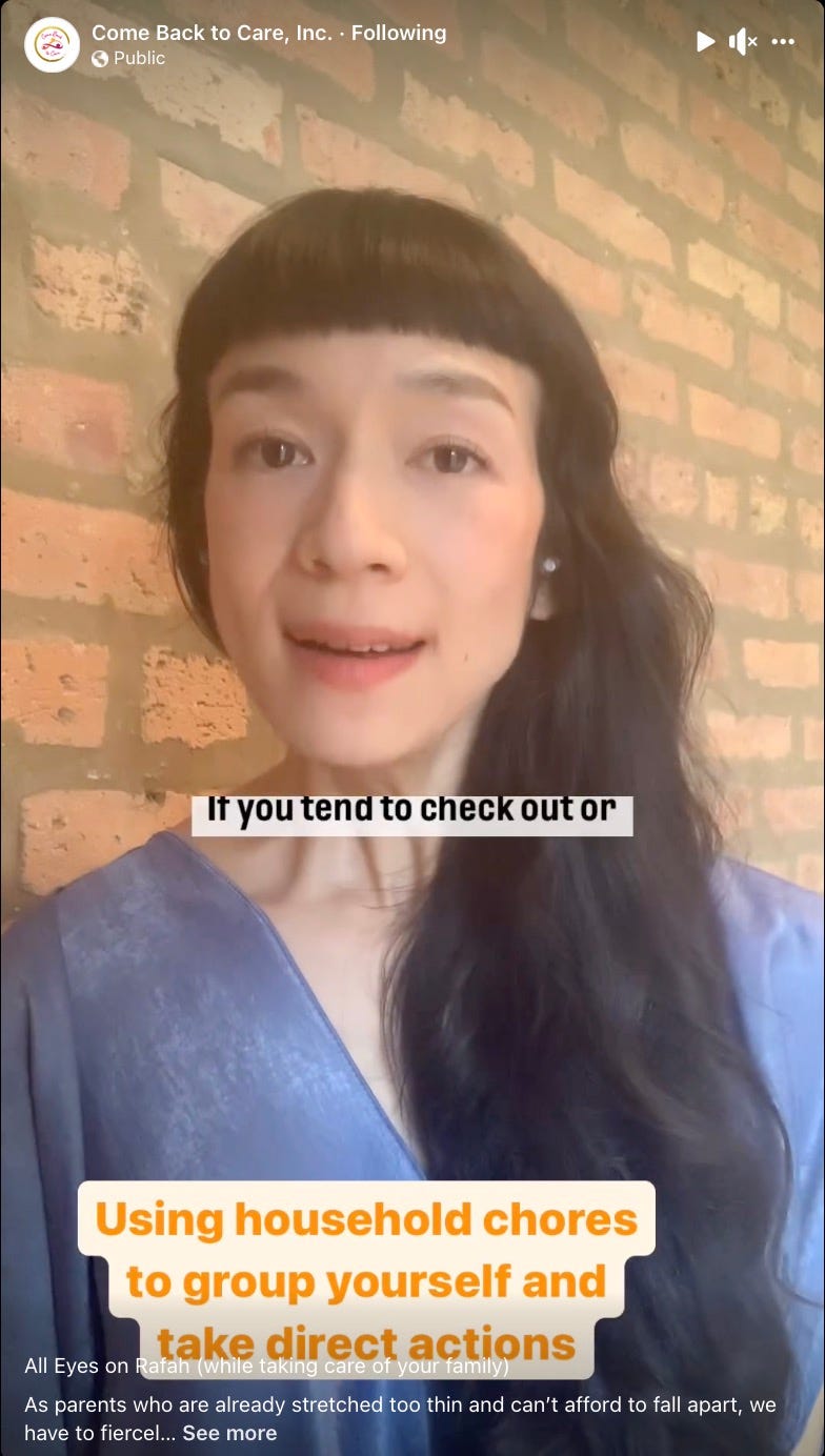 compassionate smile, east-asian trans woman with flowing hair and cute bangs says "if you tend to check out or...using householdchores to group yourself and take direct actions"