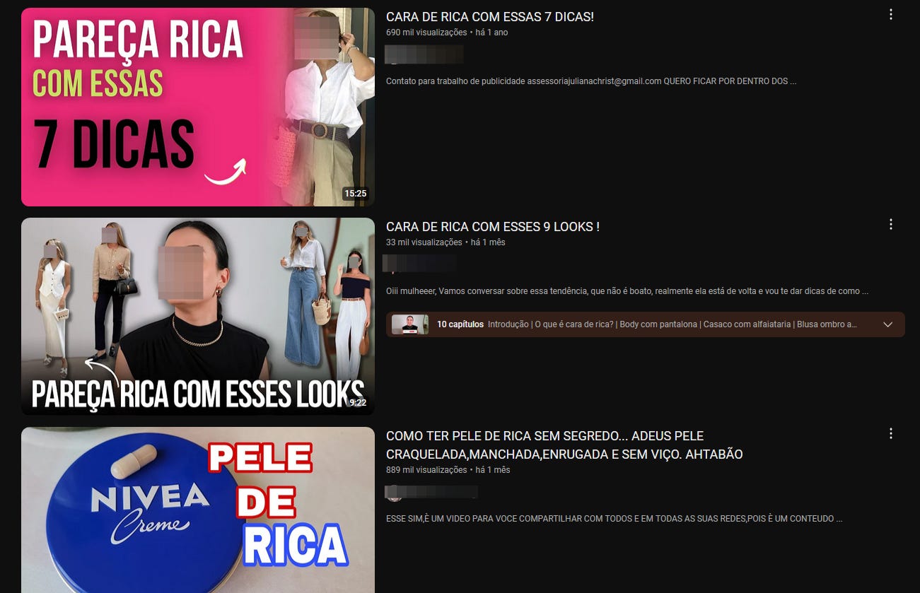 Prints de vídeos do YouTube: Cara de rica com essas 7 dicas; pareça rica com esses looks; como ter pele de rica