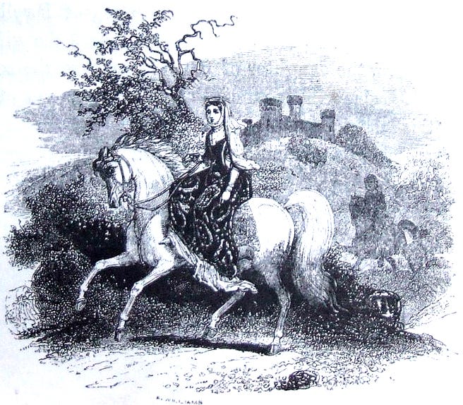 Depiction of Rhiannon in the Mabinogion translated by Lady Charlotte Guest.